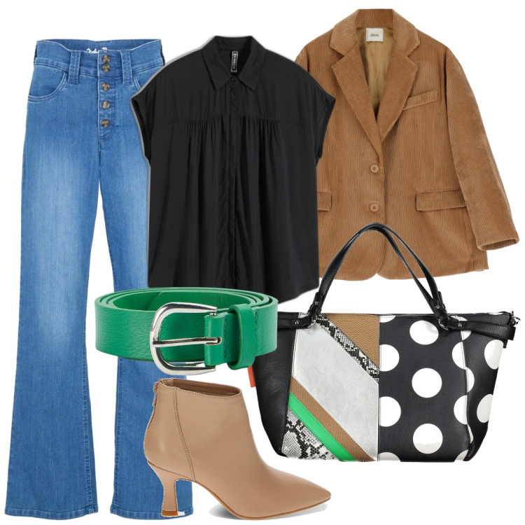 Outfit donna - Borsa originale. Stile Casual per Tutti i giorni. Abbinamento con camicie a manica corta, jeans dritti, cinture, stivaletti, blazer, borse a spalla.