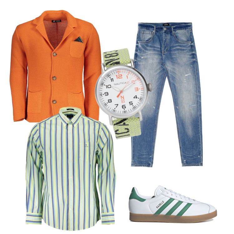 Outfit uomo - Aperitivo?. Stile Urban per Tutti i giorni. Abbinamento con jeans dritti, orologi, cardigans, sneakers, camicie.