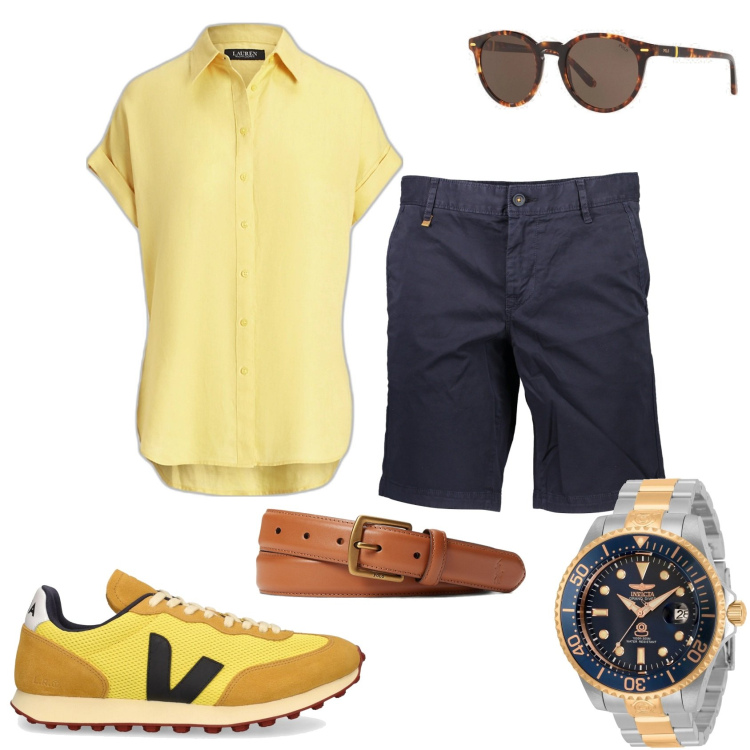 Outfit uomo - Estate in blu e giallo. Stile Trendy per Tutti i giorni. Abbinamento con orologi, occhiali da sole, cinture, camicie a manica corta, sneakers, pantaloni corti.