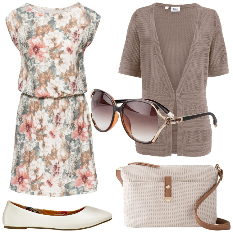 Outfit donna - Pastello e beige. Stile Bon Ton per Tutti i giorni. Abbinamento con occhiali da sole, ballerine, vestiti senza maniche, cardigans, borse a tracolla.