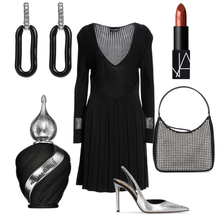 Outfit donna - Festa di compleanno. Stile Chic per Serata fuori. Abbinamento con vestiti corti, profumi, rossetti, décolleté, orecchini, borse a mano.
