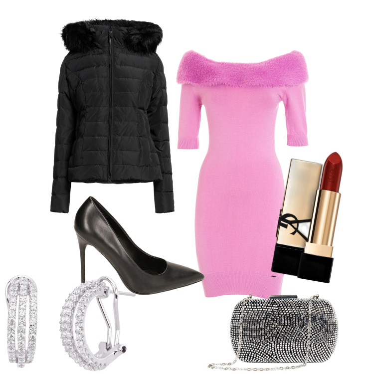 Outfit donna - Serata chic. Stile Glamour per Serata fuori. Abbinamento con rossetti, piumini, clutch, orecchini, vestiti, décolleté.