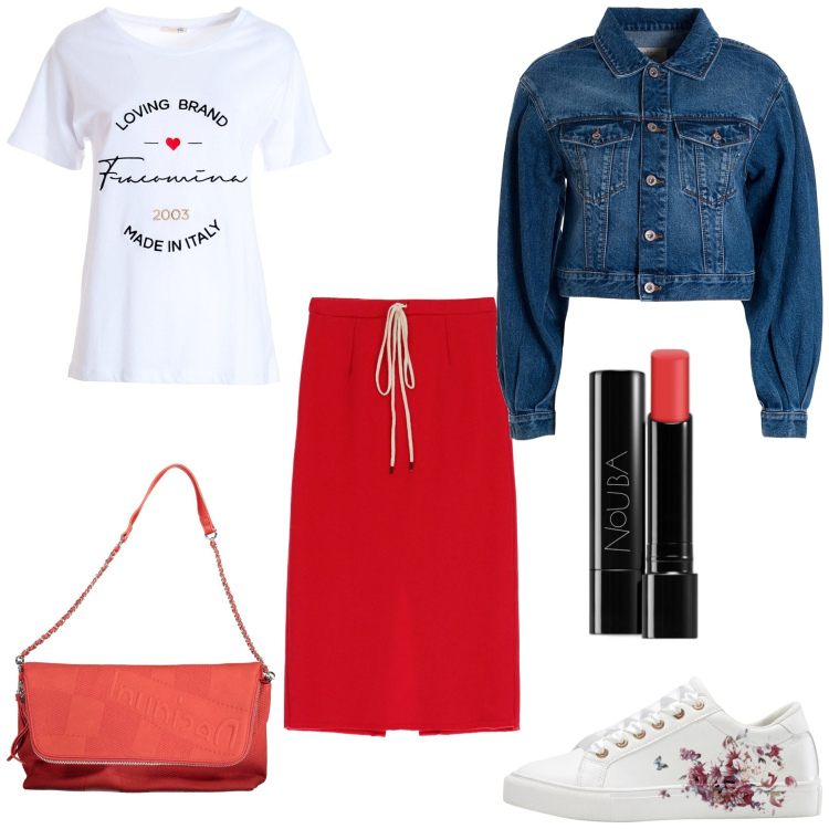 Outfit donna - Casual. Stile Casual per Tutti i giorni. Abbinamento con sneakers, rossetti, t-shirt, giacche, gonne longuette, borse a mano.