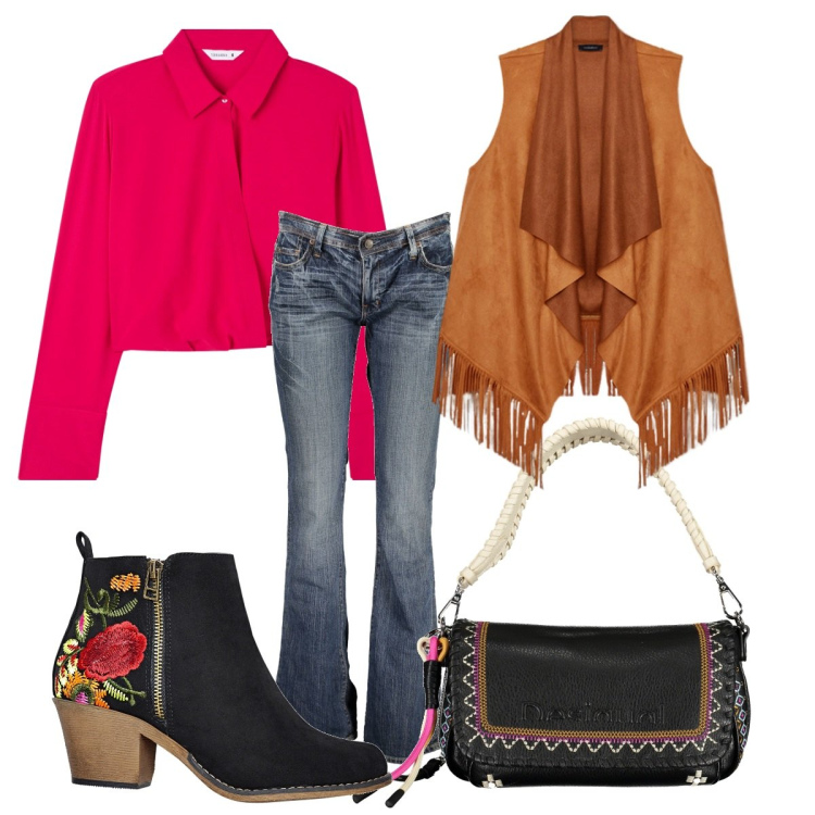 Outfit donna - Tempo libero. Stile Boho per Tutti i giorni. Abbinamento con stivaletti, bluse, jeans, gilet, borse a spalla.