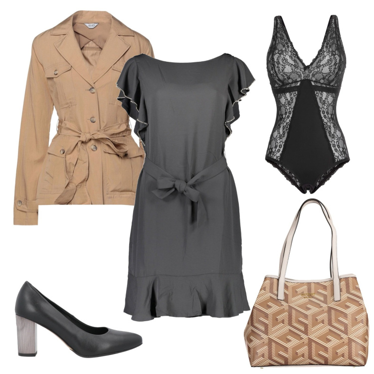 Outfit donna - Femminile anche in ufficio. Stile Romantica per Ufficio. Abbinamento con body, blazer, décolleté, vestiti corti, borse a spalla.
