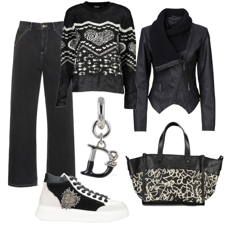 Outfit donna - Città black & white. Stile Trendy per Tutti i giorni. Abbinamento con sneakers alte, blazer, collane, maglieria, jeans, orecchini.