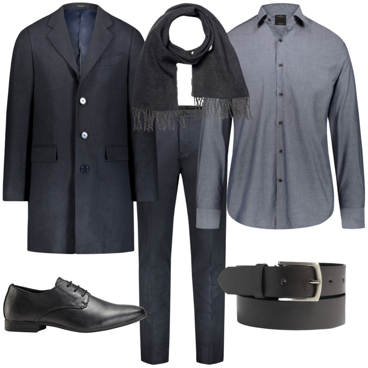 Outfit uomo - Trendy per l ufficio. Stile Business/Elegante per Ufficio. Abbinamento con scarpe stringate, sciarpe, camicie, pantaloni, cappotti, cinture.