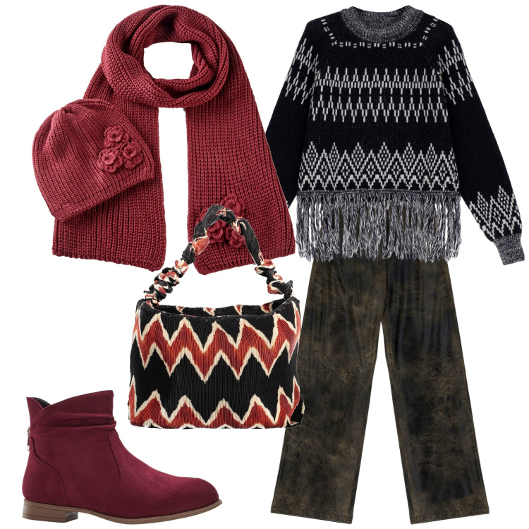 Outfit donna - La Borsa etnica. Stile Etnico per Serata fuori. Abbinamento con sciarpe, stivaletti, maglieria, pantaloni a palazzo, borse a spalla.