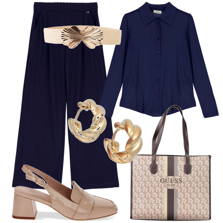 Outfit donna - A spasso in città. Stile Glamour per Tutti i giorni. Abbinamento con cinture, orecchini, camicie, pantaloni, mocassini, borse a spalla.