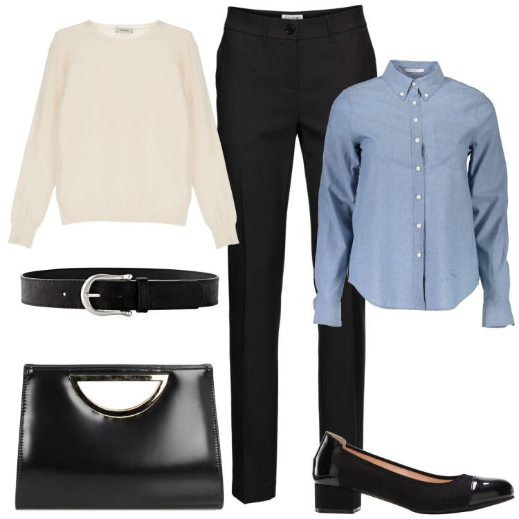 Outfit donna - In ufficio. Stile Casual chic per Ufficio. Abbinamento con pantaloni, cinture, décolleté, pochette, pullovers, camicie.