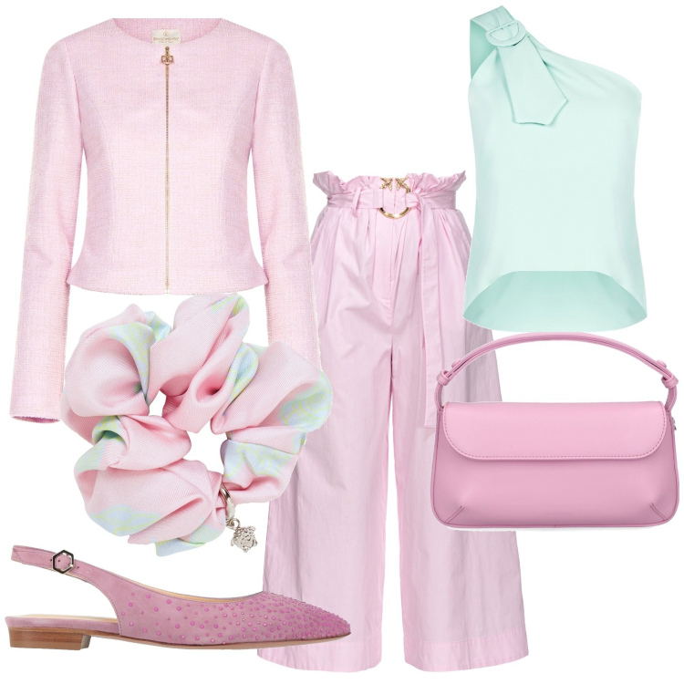 Outfit donna - Casual chic. Stile Casual chic per Tutti i giorni. Abbinamento con ballerine, pantaloni, blazer, top, accessori per capelli, borse a spalla.