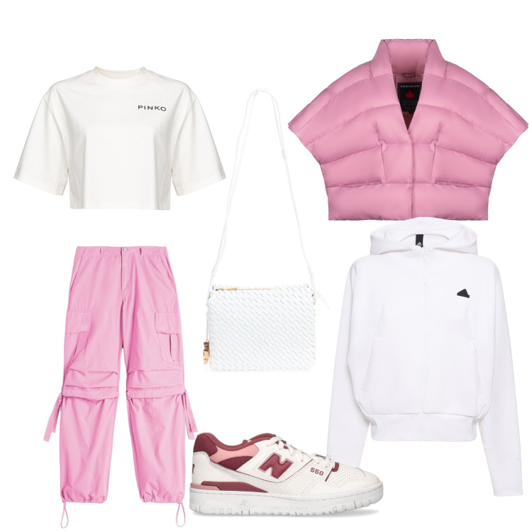 Outfit donna - Domenica di relax. Stile Urban per Tutti i giorni. Abbinamento con t-shirt, pantaloni cargo, borse a tracolla, cappe, felpe con cappuccio, sneakers.