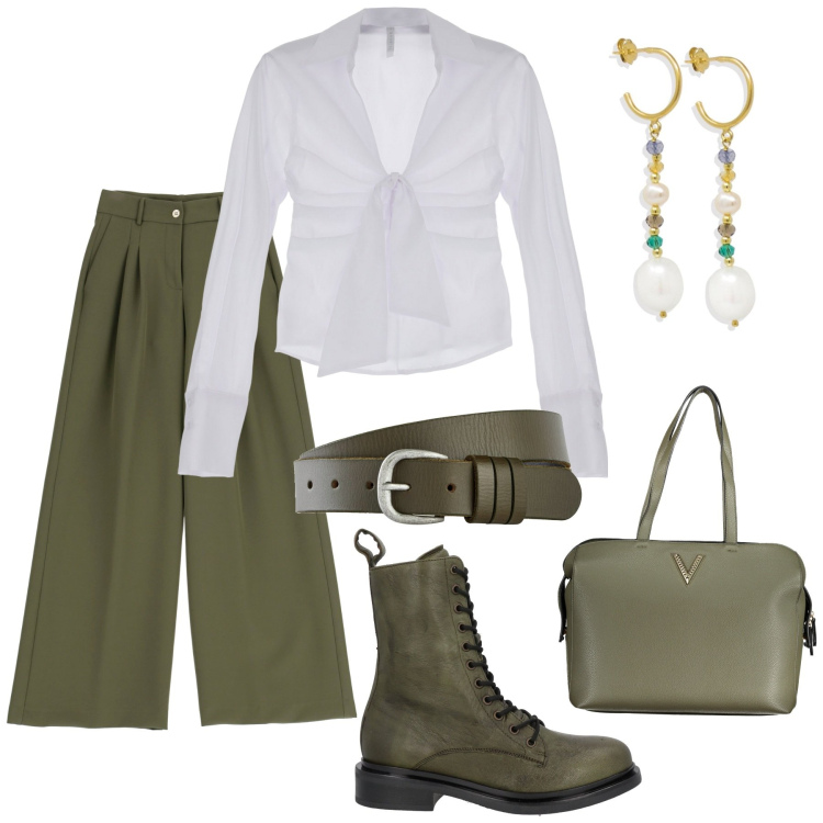 Outfit donna - Pranzo veloce. Stile Glamour per Tutti i giorni. Abbinamento con cinture, stivaletti, orecchini, pantaloni a palazzo, camicie, borse a spalla.