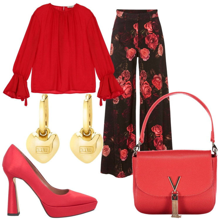 Outfit donna - Elegante in nero e rosso. Stile Glamour per Serata fuori. Abbinamento con pantaloni, décolleté, orecchini, camicie, borse a spalla.