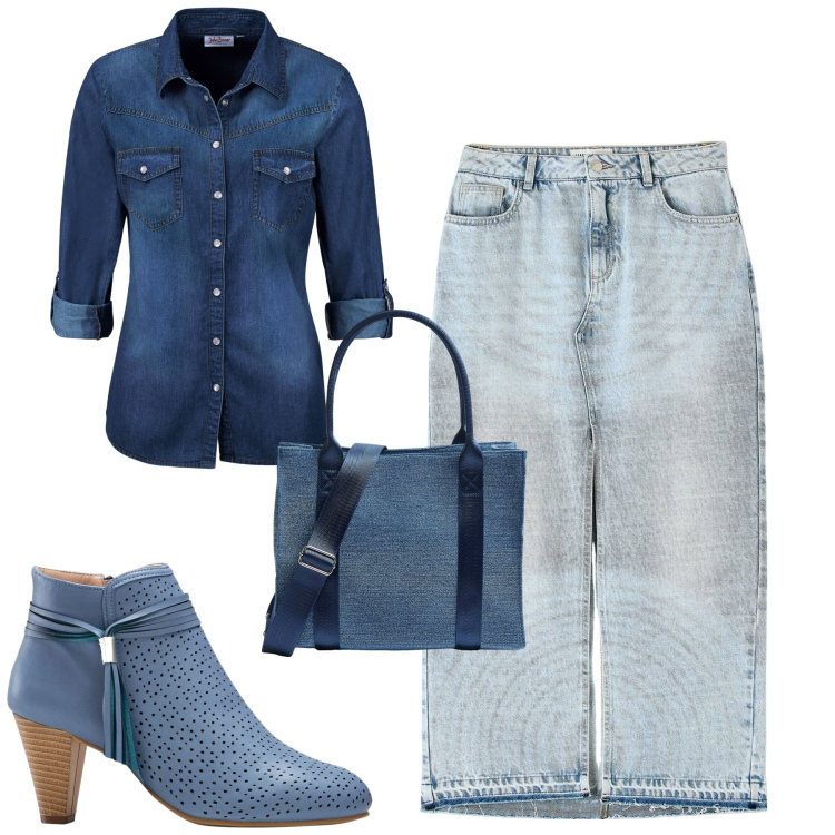 Outfit donna - Total look #1833583. Stile Casual per Tutti i giorni. Abbinamento con camicie, stivaletti, gonne lunghe, shopping bag.
