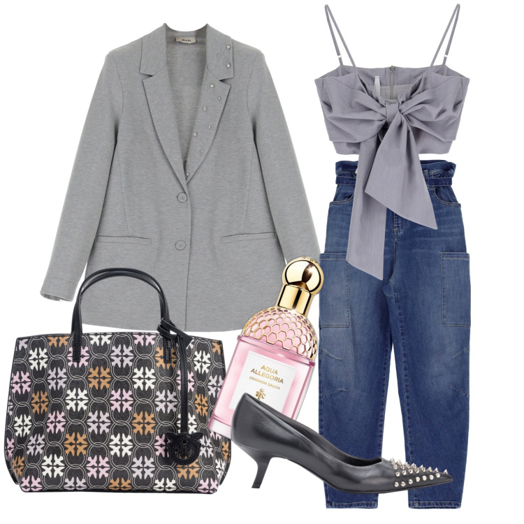 Outfit donna - Ghost outfitter - marzo. Stile Casual chic per Tutti i giorni. Abbinamento con profumi, décolleté, shopping bag, jeans, top, blazer.