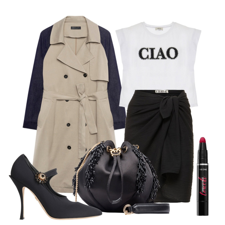 Outfit donna - Ghost outfitter - marzo. Stile Casual chic per Tutti i giorni. Abbinamento con décolleté, rossetti, borse a cartella, t-shirt, trench, minigonne.