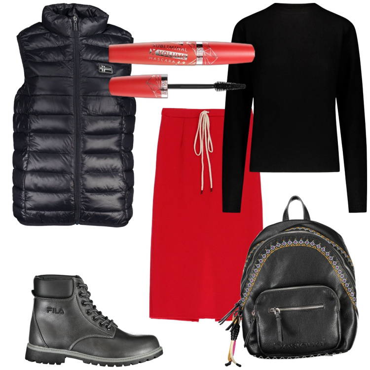 Outfit donna - Gonna e smanicato. Stile Urban per Tutti i giorni. Abbinamento con mascara, gonne longuette, maglieria, blazer, zaini, stivali.