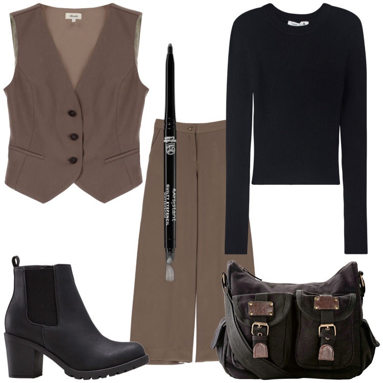 Outfit donna - Total look #1833610. Stile Trendy per Tutti i giorni. Abbinamento con stivaletti, borse a tracolla, eyeliner, maglieria, pantaloni a palazzo, gilet.