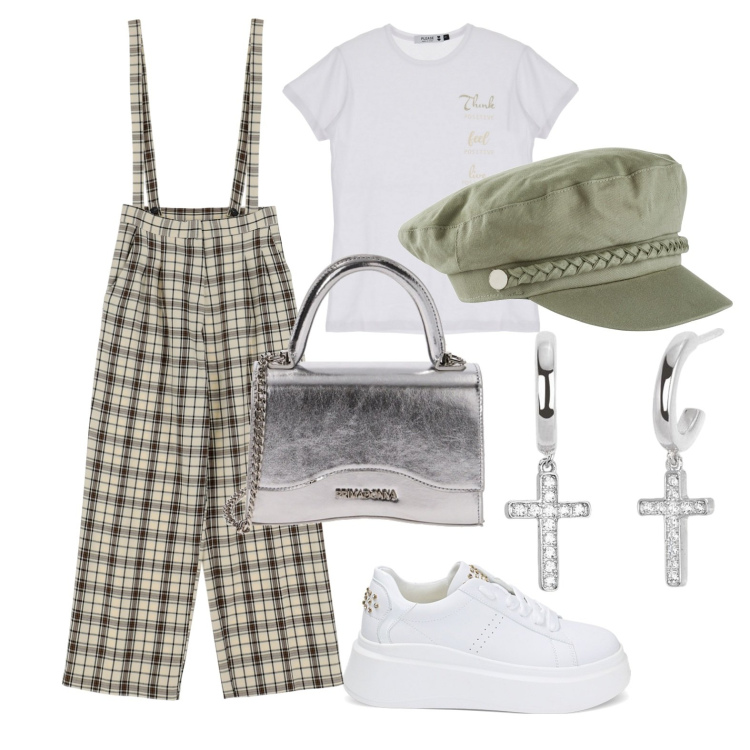 Outfit donna - Ghost outfitter - marzo. Stile Trendy per Tutti i giorni. Abbinamento con cappelli, orecchini, t-shirt, pantaloni a palazzo, sneakers, borse a mano.