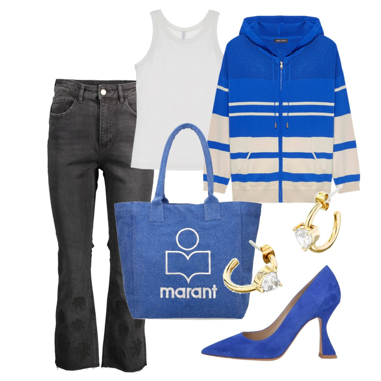 Outfit donna - Ghost outfitter - marzo. Stile Casual chic per Tutti i giorni. Abbinamento con décolleté, orecchini, top, jeans, cardigans, shopping bag.