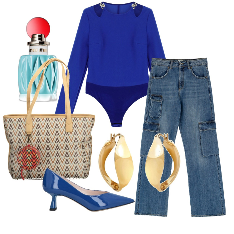 Outfit donna - Ghost outfitter - marzo. Stile Trendy per Tutti i giorni. Abbinamento con orecchini, décolleté, profumi, jeans, body, borse a spalla.