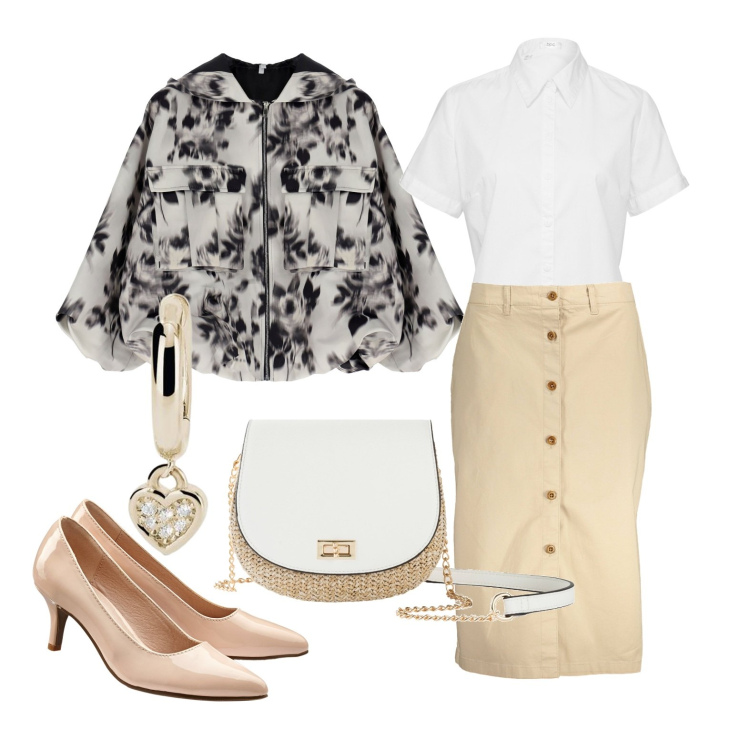 Outfit donna - Ghost outfitter - marzo. Stile Bon Ton per Tutti i giorni. Abbinamento con camicie a manica corta, décolleté, borse a tracolla, orecchini, blazer, gonne longuette.