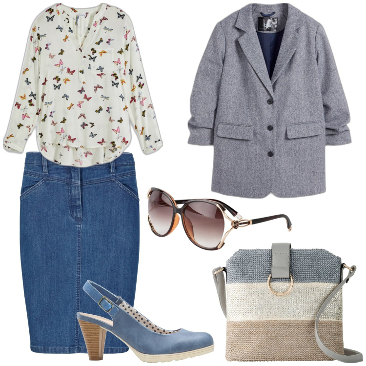 Outfit donna - Aspettando la primavera. Stile Basic per Tutti i giorni. Abbinamento con bluse, gonne, occhiali da sole, blazer, borse a tracolla, décolleté.