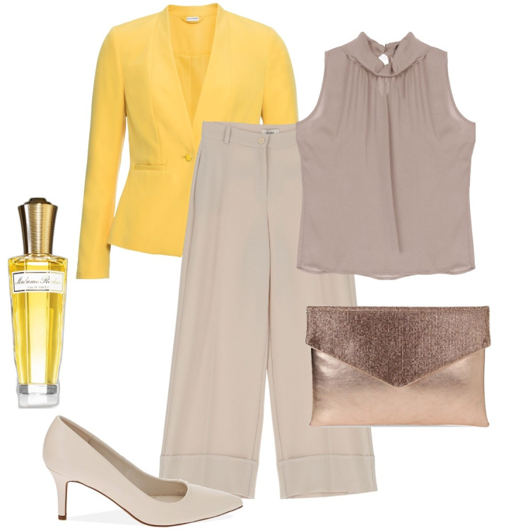 Outfit donna - Il blazer giallo. Stile Bon Ton per Cerimonia. Abbinamento con blazer, profumi, pochette, décolleté, pantaloni a palazzo, canottiere.