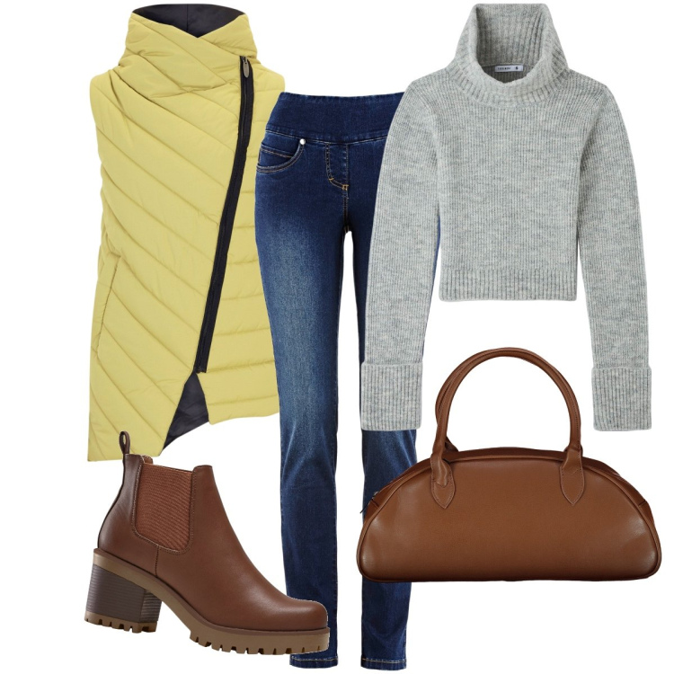 Outfit donna - Il trapuntato giallo. Stile Casual per Tutti i giorni. Abbinamento con jeans slim fit, stivaletti chelsea, gilet, maglieria, borse a spalla.