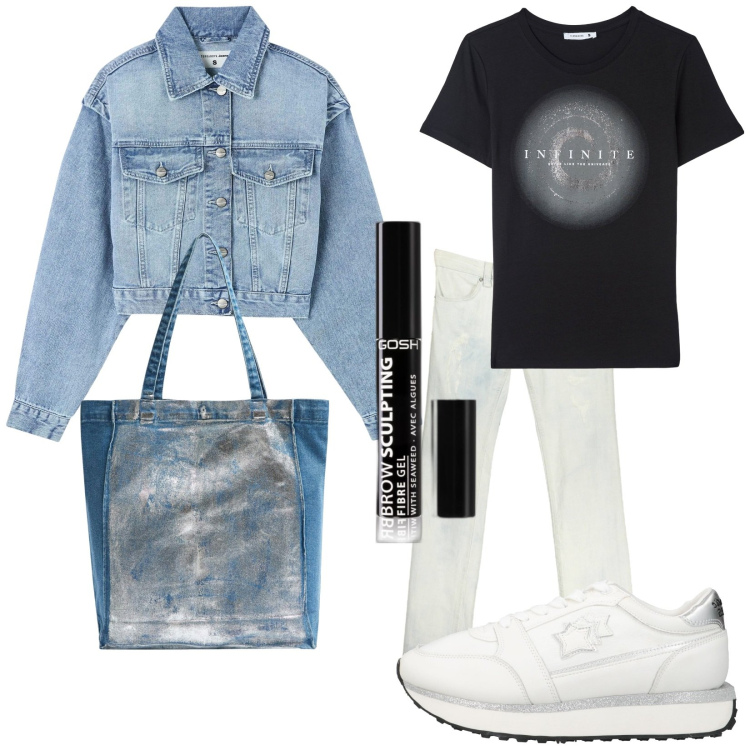 Outfit donna - Total look #1833715. Stile Urban per Tutti i giorni. Abbinamento con sneakers, mascara, t-shirt, shopping bag, blazer, jeans.