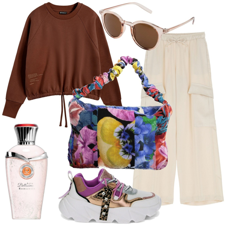 Outfit donna - Free time. Stile Casual per Tutti i giorni. Abbinamento con occhiali da sole, profumi, pantaloni a palazzo, sneakers, felpe, borse a spalla.