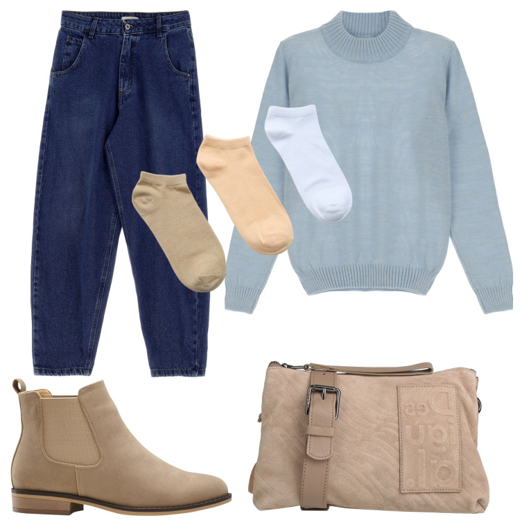 Outfit donna - Total look #1833724. Stile Basic per Tutti i giorni. Abbinamento con stivaletti chelsea, borse a tracolla, calzini, maglieria, jeans.