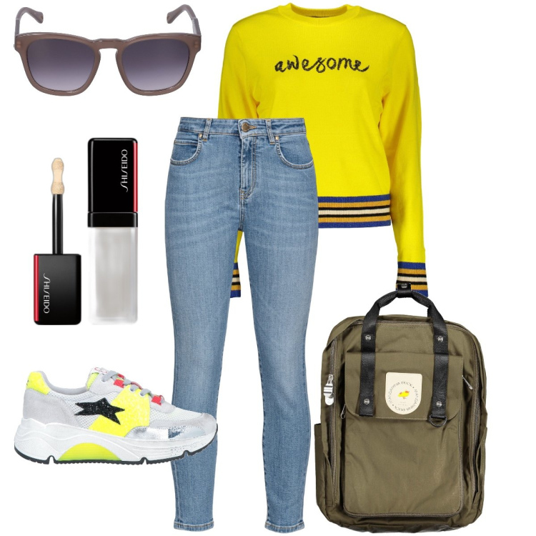 Outfit donna - Weekend fuori porta. Stile Urban per Tutti i giorni. Abbinamento con sneakers, correttori, jeans, maglieria, occhiali da sole, zaini.