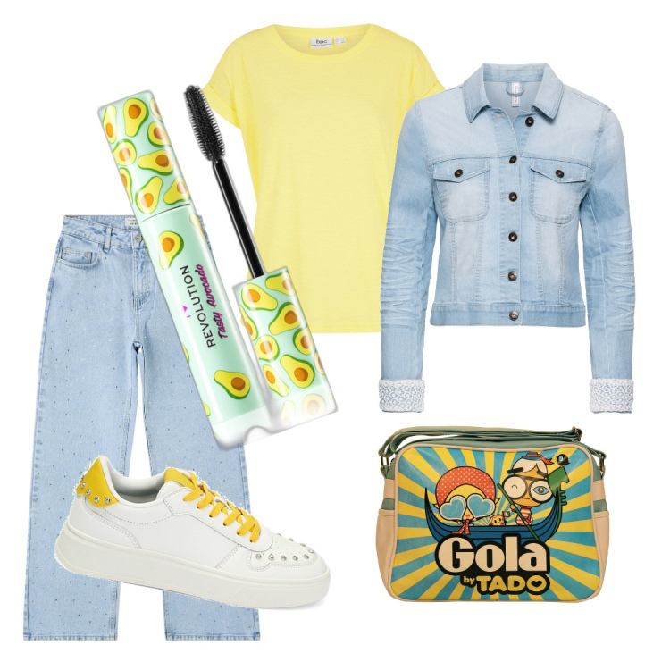 Outfit donna - Un jeans e una maglietta. Stile Casual per Tutti i giorni. Abbinamento con t-shirt, blazer, mascara, jeans, sneakers, borse a spalla.