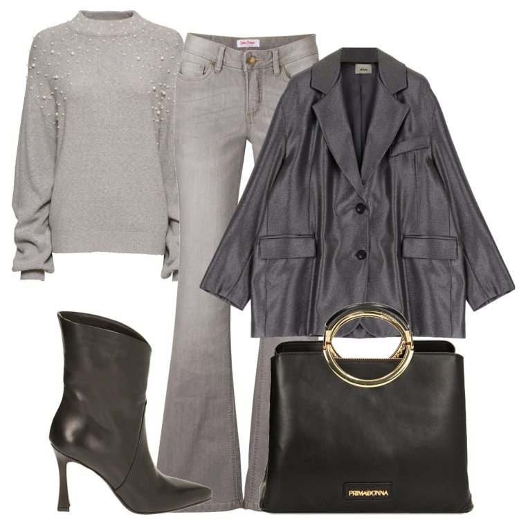 Outfit donna - Sunday. Stile Casual chic per Tutti i giorni. Abbinamento con jeans bootcut, maglieria, stivaletti, borse a mano, blazer.