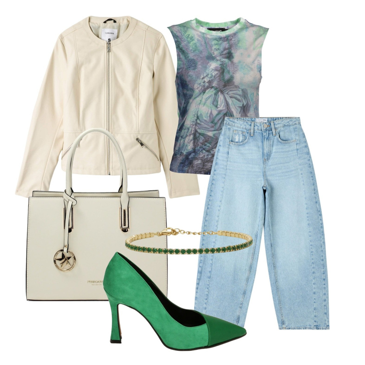 Outfit donna - Ghost outfitter - marzo. Stile Trendy per Tutti i giorni. Abbinamento con jeans, blazer, braccialetti, décolleté, borse a mano, canottiere.