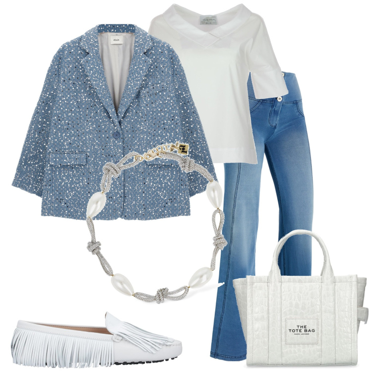Outfit donna - Aspettando la primavera. Stile Casual chic per Tutti i giorni. Abbinamento con mocassini, pantaloni, blazer, bluse, shopping bag, collane.