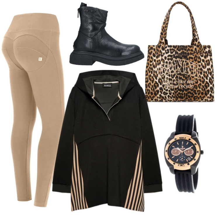 Outfit donna - Veronica: felpa oversize. Stile Sporty chic per Tutti i giorni. Abbinamento con orologi, stivaletti, pantaloni skinny, shopping bag, felpe con cappuccio.