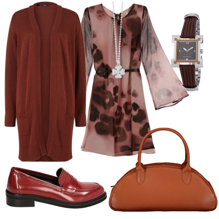 Outfit donna - Carla: in ufficio. Stile Chic per Ufficio. Abbinamento con cardigans, orologi, collane, vestiti corti, mocassini, borse a spalla.