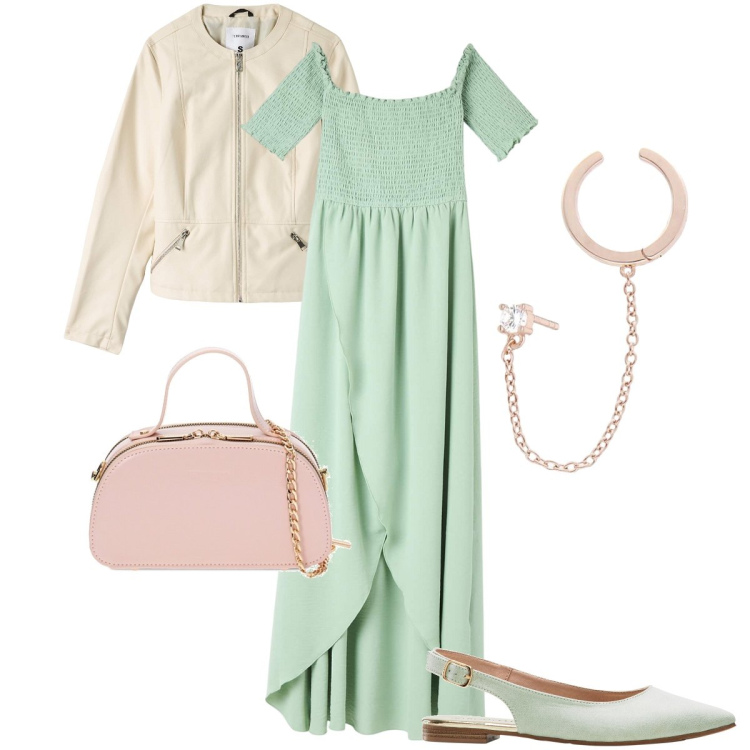 Outfit donna - L’abito acqua a menta. Stile Bon Ton per Serata fuori. Abbinamento con ballerine, vestiti lunghi, blazer, orecchini, borse a mano.