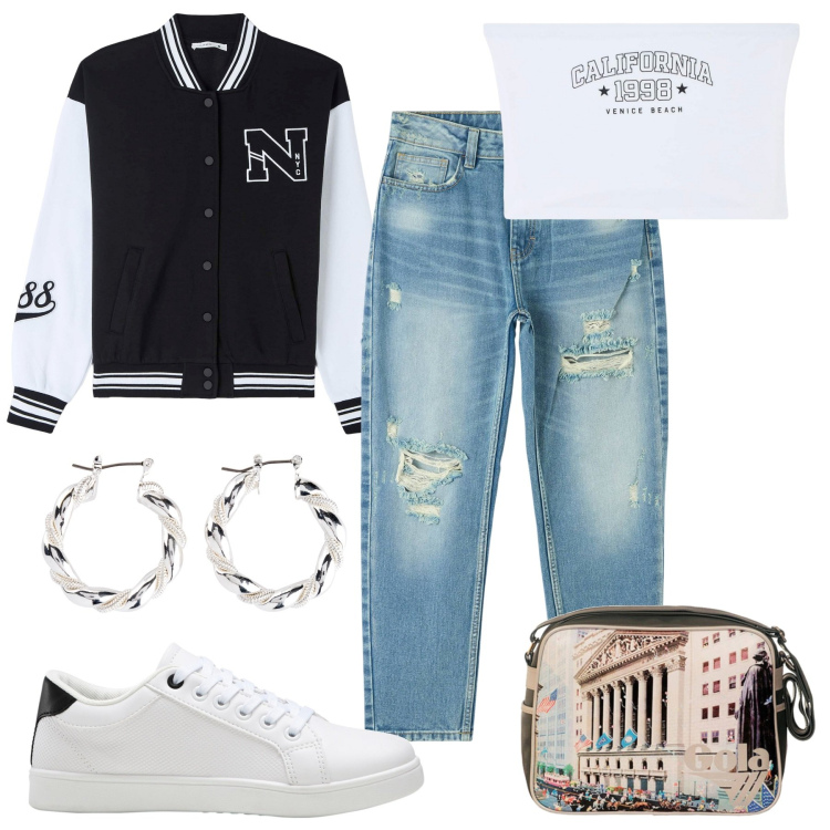 Outfit donna - Con le amiche. Stile Casual chic per Tutti i giorni. Abbinamento con orecchini, sneakers, jeans mom, top, bomber, borse a spalla.