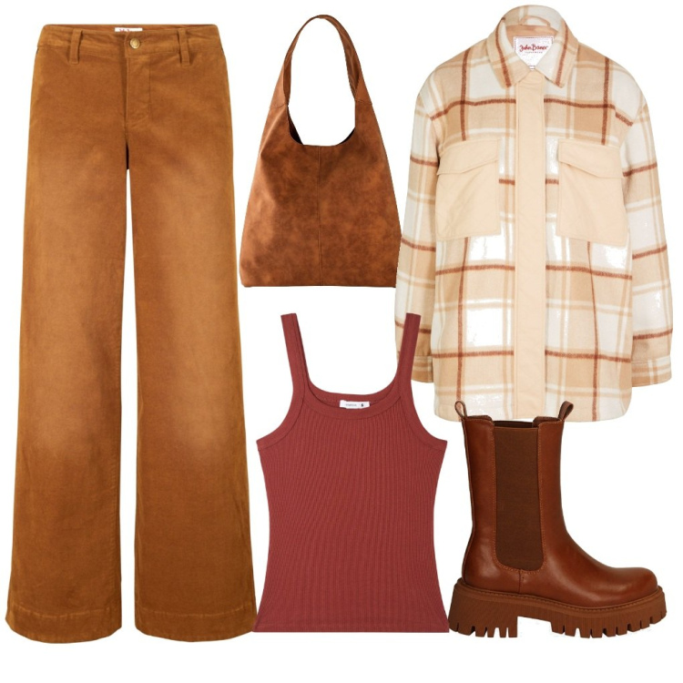 Outfit donna - Giovanna: giornata camiciona. Stile Trendy per Tutti i giorni. Abbinamento con pantaloni, shopping bag, cappotti, canottiere, stivaletti chelsea.