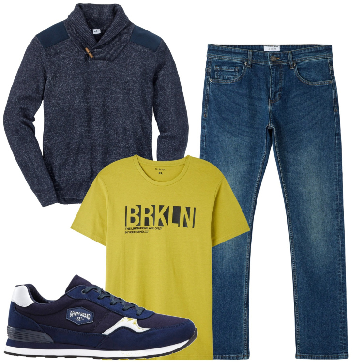Outfit uomo - City. Stile Urban per Tutti i giorni. Abbinamento con maglieria, sneakers, jeans dritti, t-shirt.