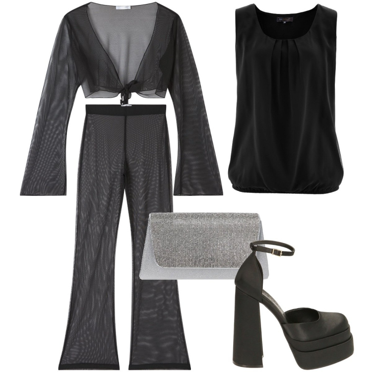 Outfit donna - Serata disco. Stile Glamour per Serata fuori. Abbinamento con top, pantaloni, bolero, décolleté, pochette.