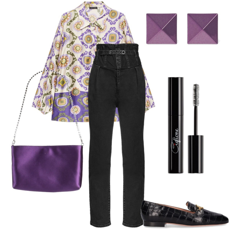 Outfit donna - La camicia a fantasia. Stile Casual chic per Serata fuori. Abbinamento con borse a mano, mascara, jeans, camicie, mocassini, orecchini.