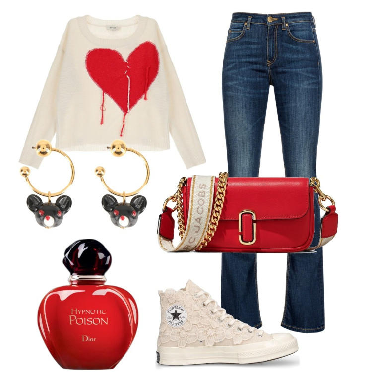 Outfit donna - Allegra e innamorata della vita. Stile Casual chic per Tutti i giorni. Abbinamento con orecchini, profumi, jeans, pullovers, sneakers, borse a spalla.