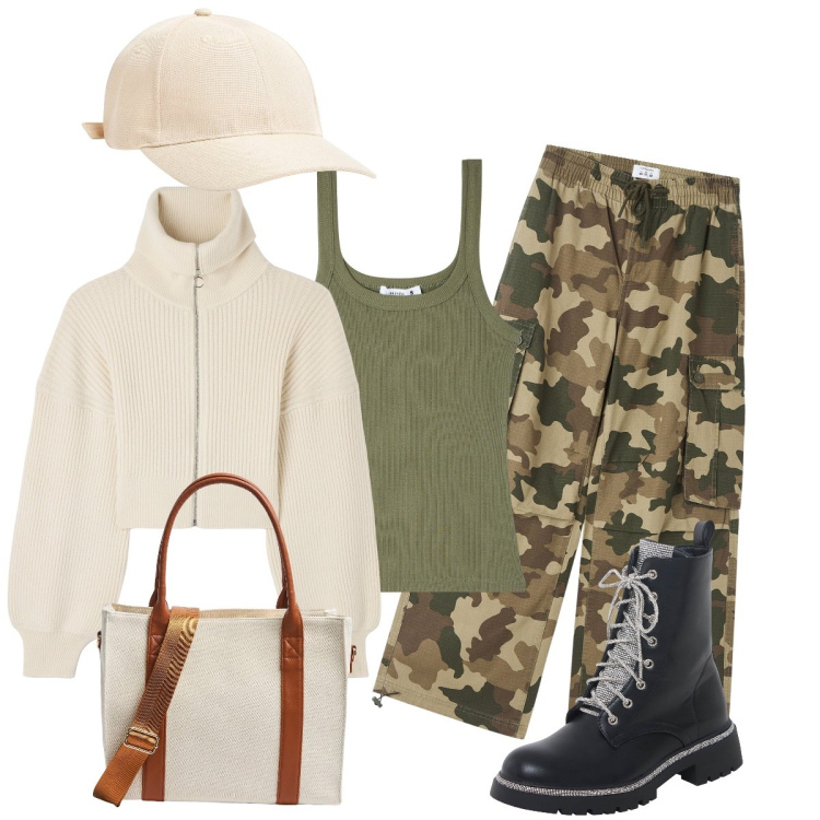 Outfit donna - Teenager. Stile Military per Scuola/Università. Abbinamento con cappelli, pantaloni cargo, maglieria, shopping bag, anfibi, canottiere.