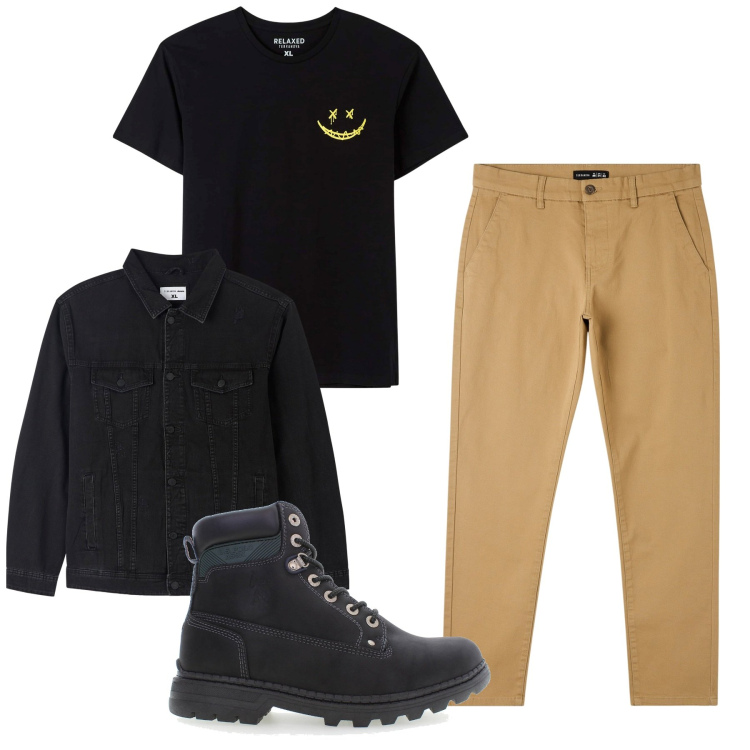 Outfit uomo - Nero primavera. Stile Urban per Tutti i giorni. Abbinamento con pantaloni skinny, giacche, t-shirt, stivali.
