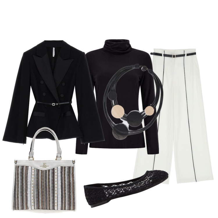 Outfit donna - Black & White classica eleganza. Stile Minimal per Serata fuori. Abbinamento con ballerine, pantaloni a palazzo, blazer, maglieria, borse a mano, collane.